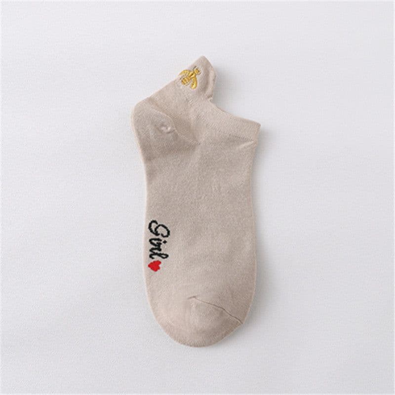 image-Women's Cotton Boat Socks - Embroidered Heart Khaki