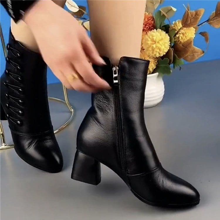 image-Women's Black Boots - Low Heel Side Zipper