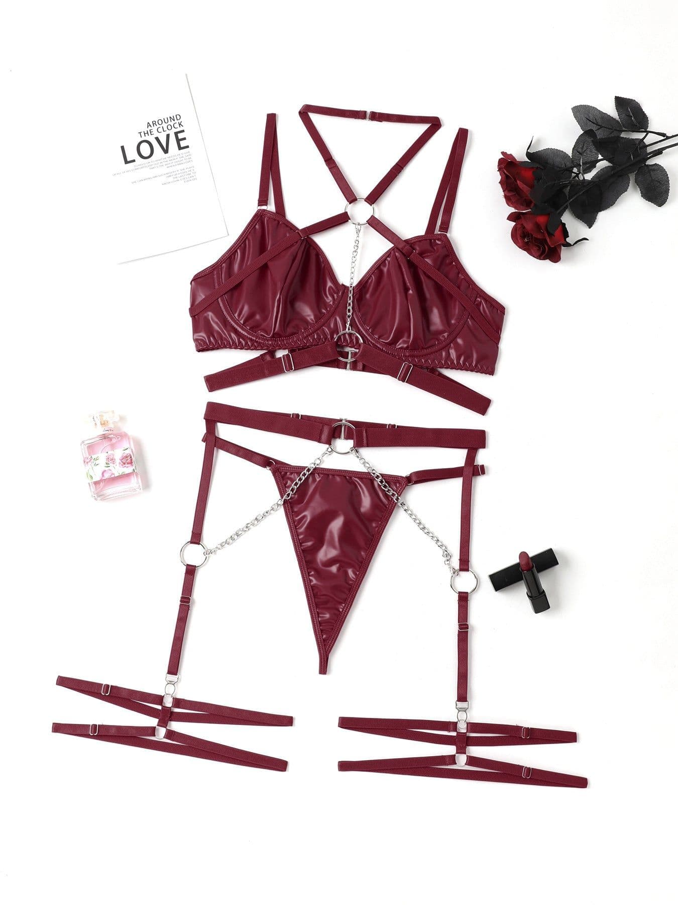 image-Women's Lingerie Set - Black Polyester 3-Piece Chain Neck