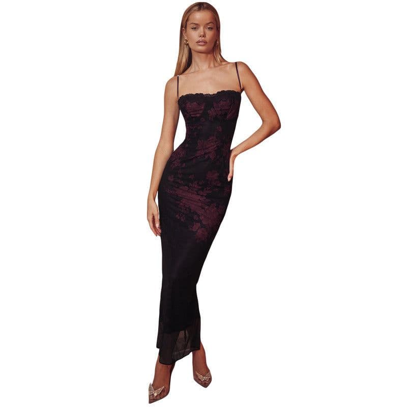 image-Sleeveless Lace Dress - Claret L Long Skirt
