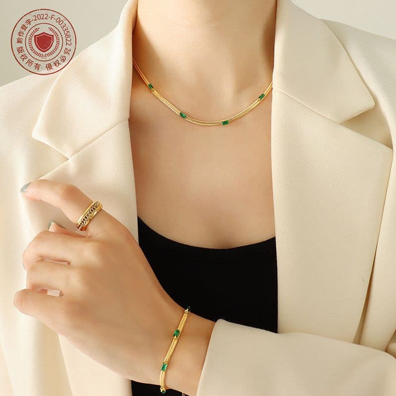 image-European and American celebrities ins style does not fade color inlaid zircon necklace personalized bracelet electroplating 18K gold fashionable jewelry set