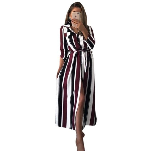 image-Striped Long-Sleeve Strappy Dress