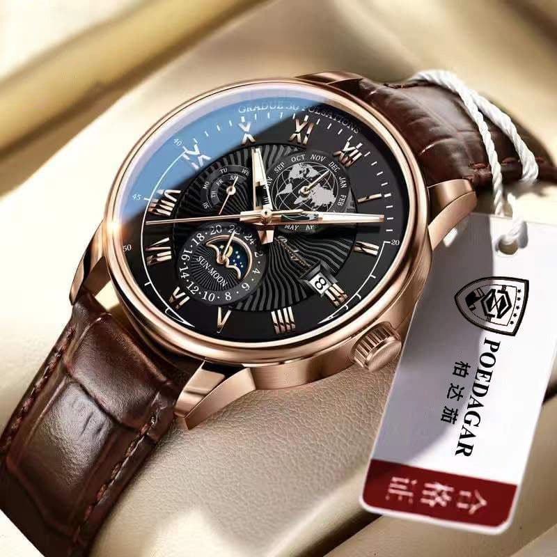 image-POEDAGAR 908 Quartz Men's Leather Waterproof Watch, 40mm