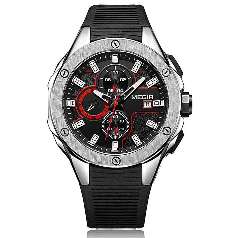 image-MEGIR 30M Waterproof Quartz Sports Watch - Silver 46mm Silicone Strap