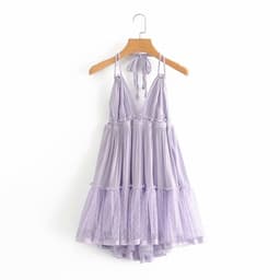image-Foreign Trade 2022 Summer New European and American V-neck Waist Slim Hem Mesh Stitching Backless Suspender Dress Women