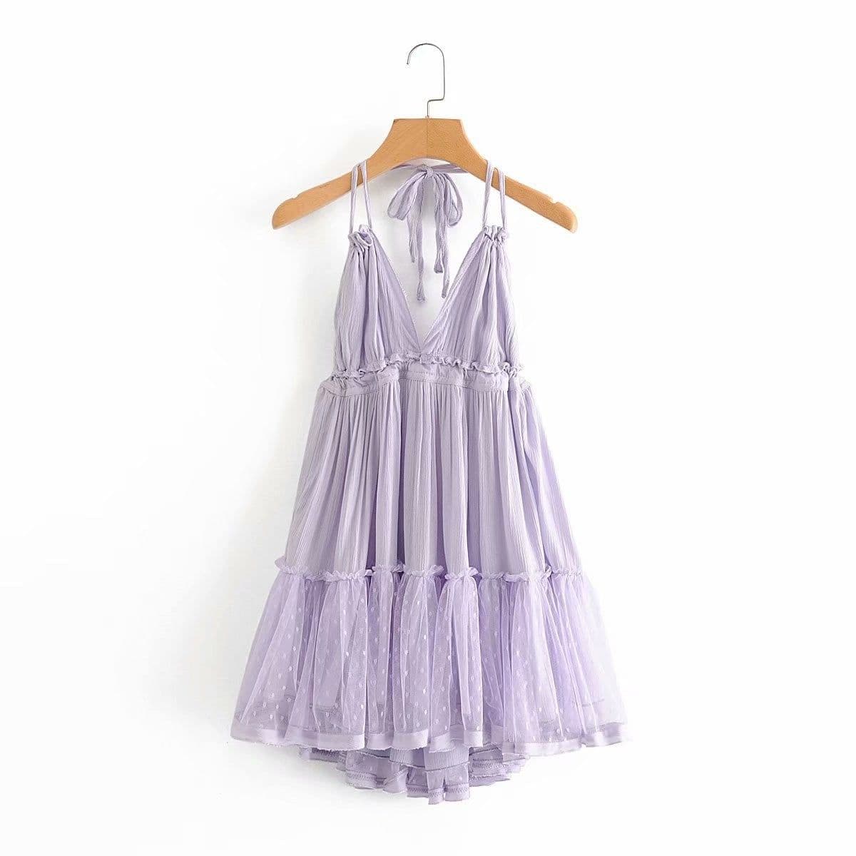 image-Foreign Trade 2022 Summer New European and American V-neck Waist Slim Hem Mesh Stitching Backless Suspender Dress Women
