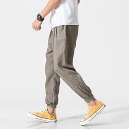 image-Jin Geyi Men's 5XL Japanese Harem Pants - Light Yellow Flax