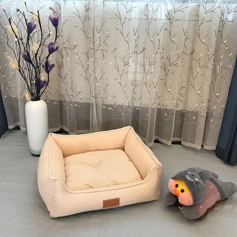 image-Square Kennel Pet Cushion Mat - Washable, Breathable, Cotton & Linen, Gray/Pink