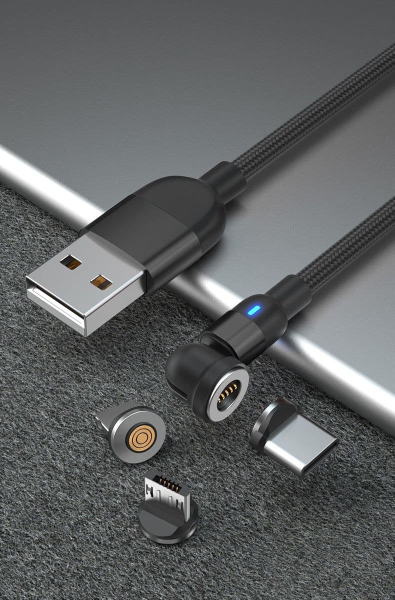 image-New product 3A fast charging rotating magnetic suction data cable 540 degree round magnetic charging cable three-in-one bending magnetic suction cable