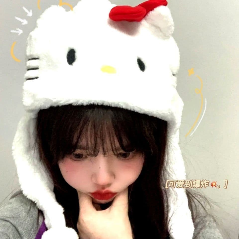 image-Women's Pink Plush Knit Hat - Cartoon Cat Dome Style