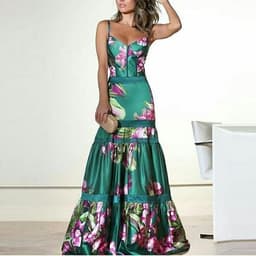 image-Sleeveless Polyester Dress - Green High Waist Long