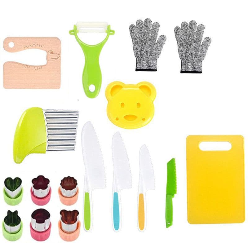 image-Children's Safety Knife Set - 3-Piece Plastic Fruit Kit, Wooden Chopping Board