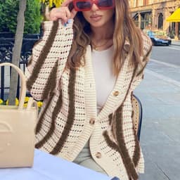 image-Women's Brown Striped Cardigan Set - Long Sleeve