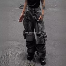 image-Large Size Retro Multi-Pocket Jeans - Y2K Low-Waisted