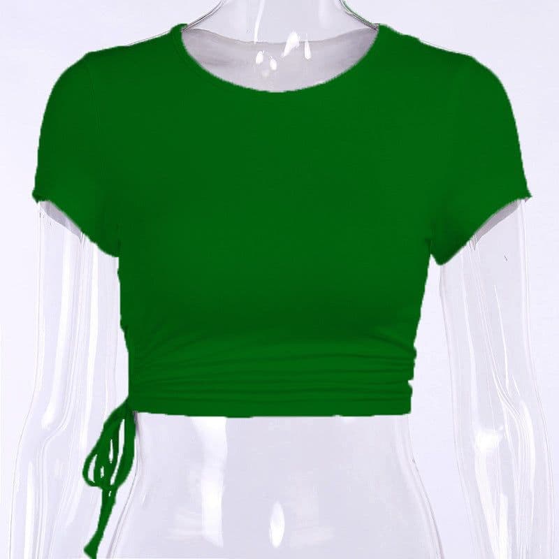 image-2022 Summer European and American New Sexy Navel T-Shirt Women's Side Tether Hollow Slim Slim Solid Color Cotton Short Sleeves