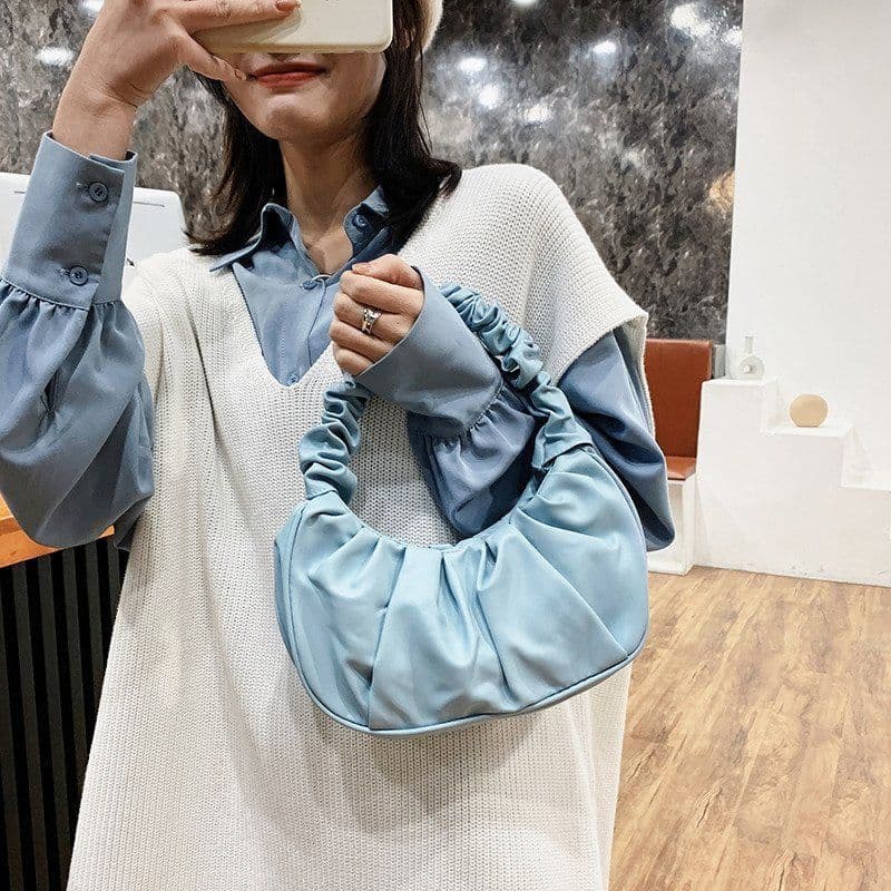 image-Korean Version Women's PU Cloud Pleated Bag - Gold Solid Color
