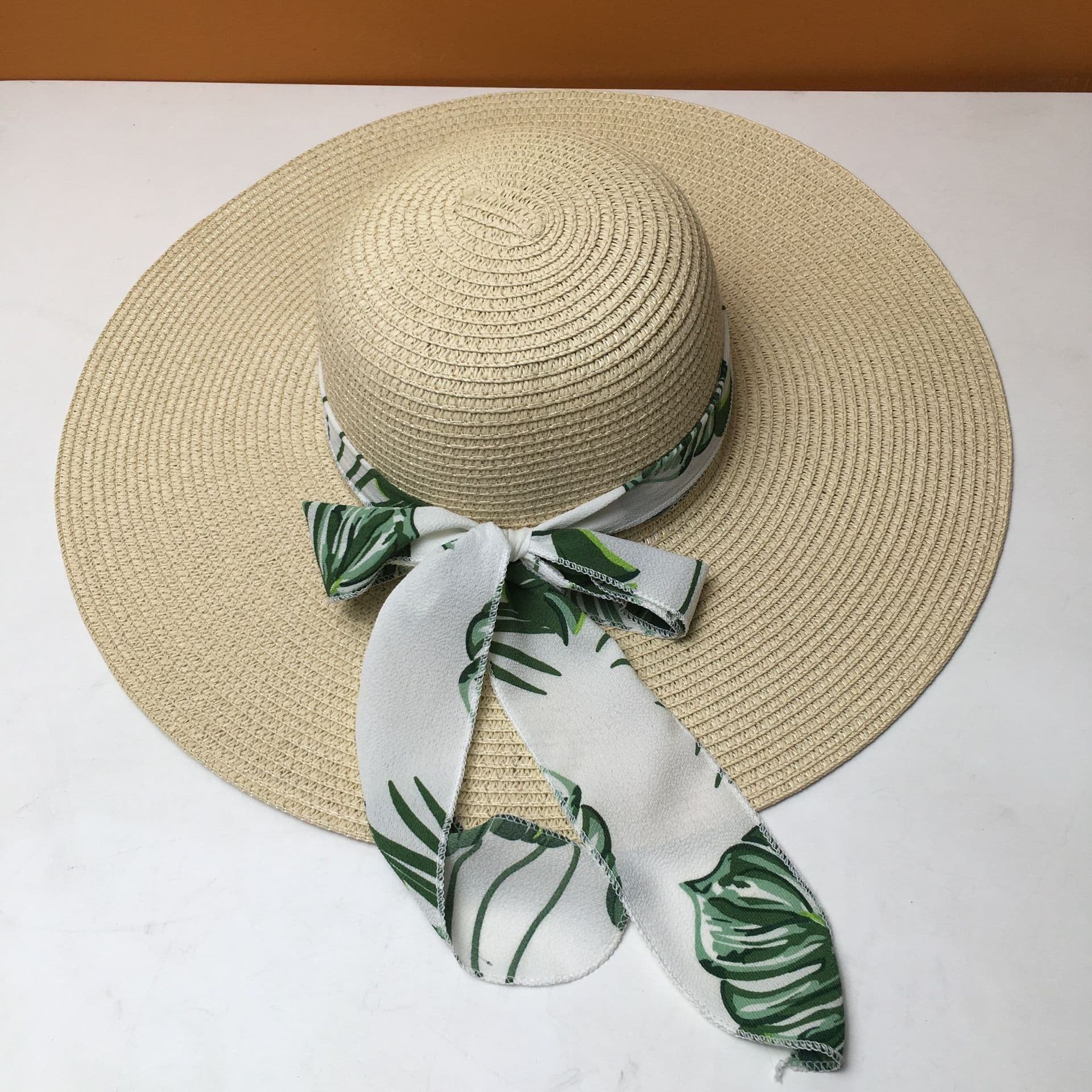 image-Women's Chiffon Straw Brim Hat - Khaki/Apricot Summer Beach Sunshade