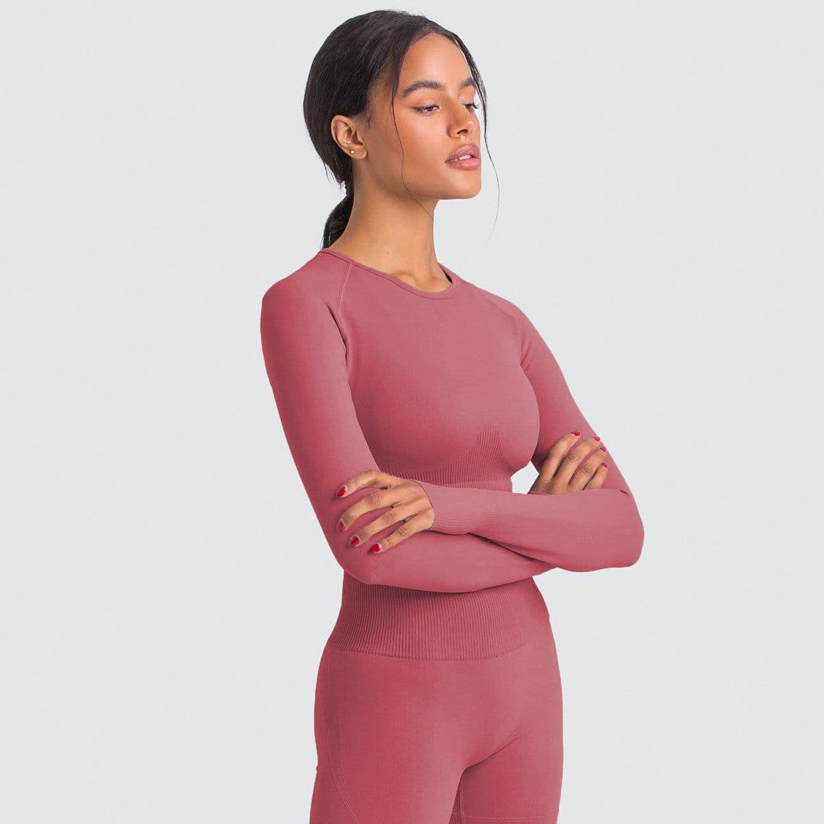 image-Women's Long Sleeve Yoga Top - Black Nylon Spandex