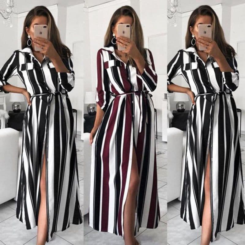 image-Striped Long-Sleeve Strappy Dress