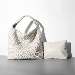 image-Woven Bucket Bag - Black Vegan Leather Large