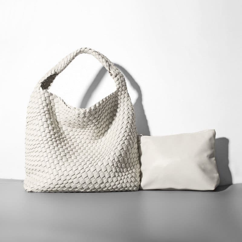 image-Woven Bucket Bag - Black Vegan Leather Large
