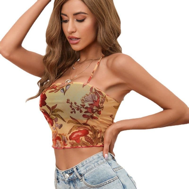 image-Women's Flower Printed Halter Mesh Camisole