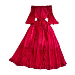 image-Seaside Skirt - Navy Ruffled Chiffon Dress, Commuting, One Shoulder, Midi