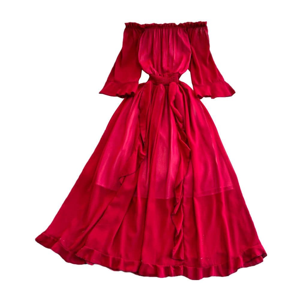 image-Seaside Skirt - Navy Ruffled Chiffon Dress, Commuting, One Shoulder, Midi
