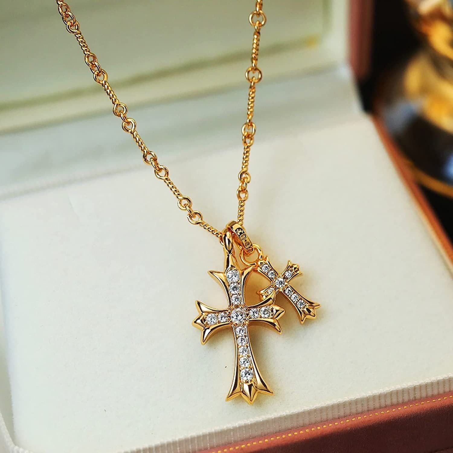 image-Crowe Necklace Cross Diamond Double Cross Pendant Gold-plated Men and Women Couple Necklace Sydney Same Style Jewelry