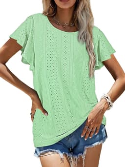 image-Women's Ruffled Sleeve T-Shirt - Sky Blue Hollow Out
