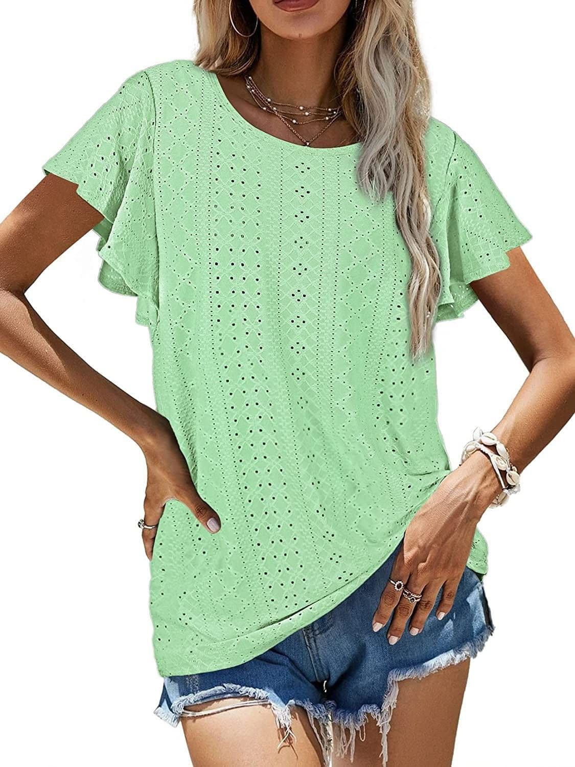 image-Women's Ruffled Sleeve T-Shirt - Sky Blue Hollow Out