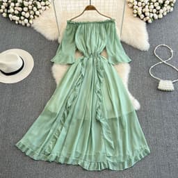 image-Seaside Skirt - Navy Ruffled Chiffon Dress, Commuting, One Shoulder, Midi
