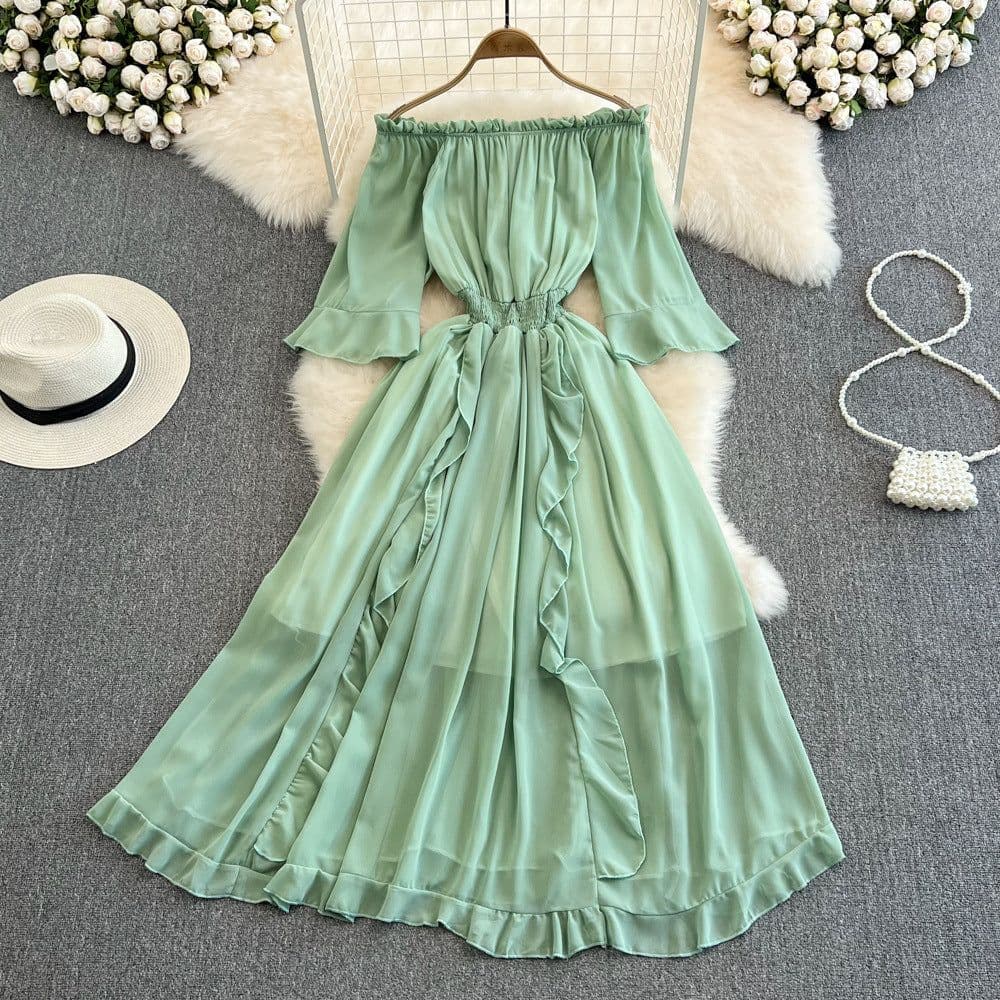 image-Seaside Skirt - Navy Ruffled Chiffon Dress, Commuting, One Shoulder, Midi