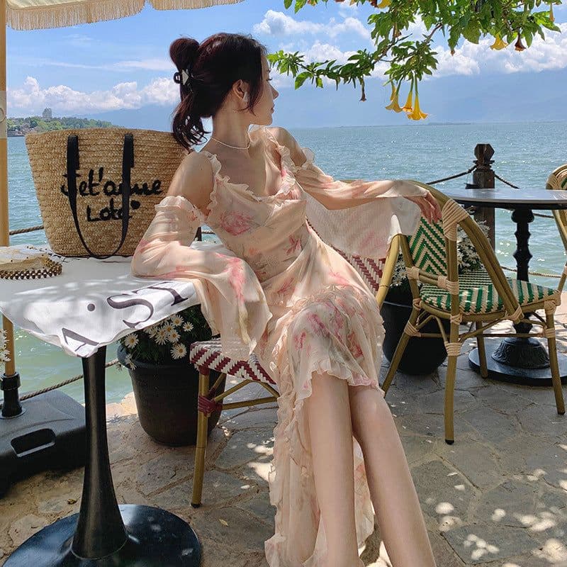 image-Holiday Floral Beach Dress - Summer Long Skirt Women's V-Neck Chain Link