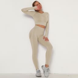 image-Women's High Waist Yoga Pants Two-Piece Set - Peach, XL