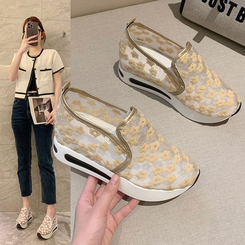 image-Platform Sole Mesh Shoes - Khaki Women's Size 35