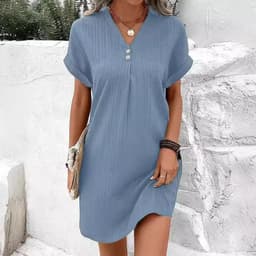 image-Cross-border European and American women's clothing 2023 new Amazon V-neck solid color pullover comfortable casual button dress