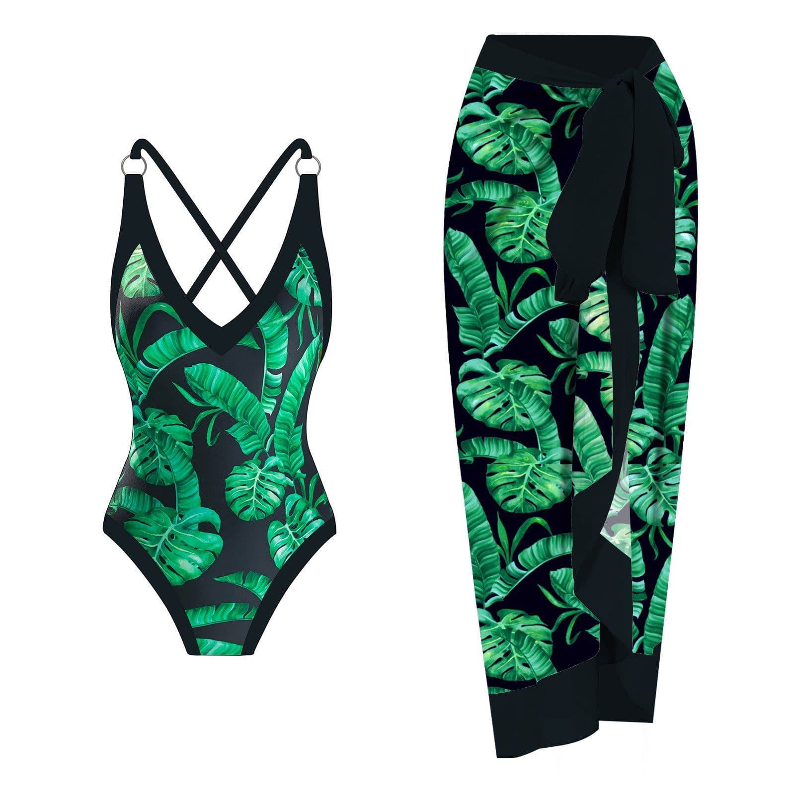 image-Green Flower One-Piece Swimsuit - Women's Polyester