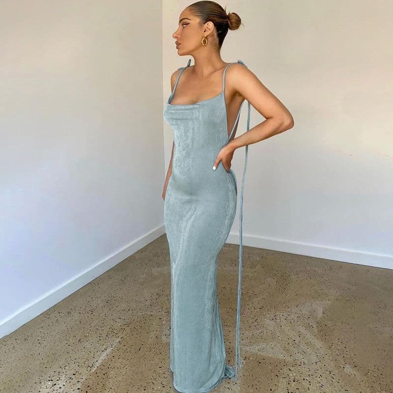 image-COKU 2022 Summer Backless Sling Dress - Apricot, High Waist, Slim-Fit