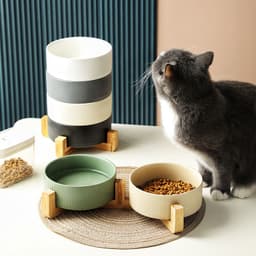image-Hangyi Ceramics Double Bowl Pet Dish - Wooden Frame, Anti-Knock - 24 Pack