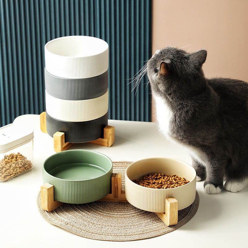 image-Hangyi Ceramics Double Bowl Pet Dish - Wooden Frame, Anti-Knock - 24 Pack