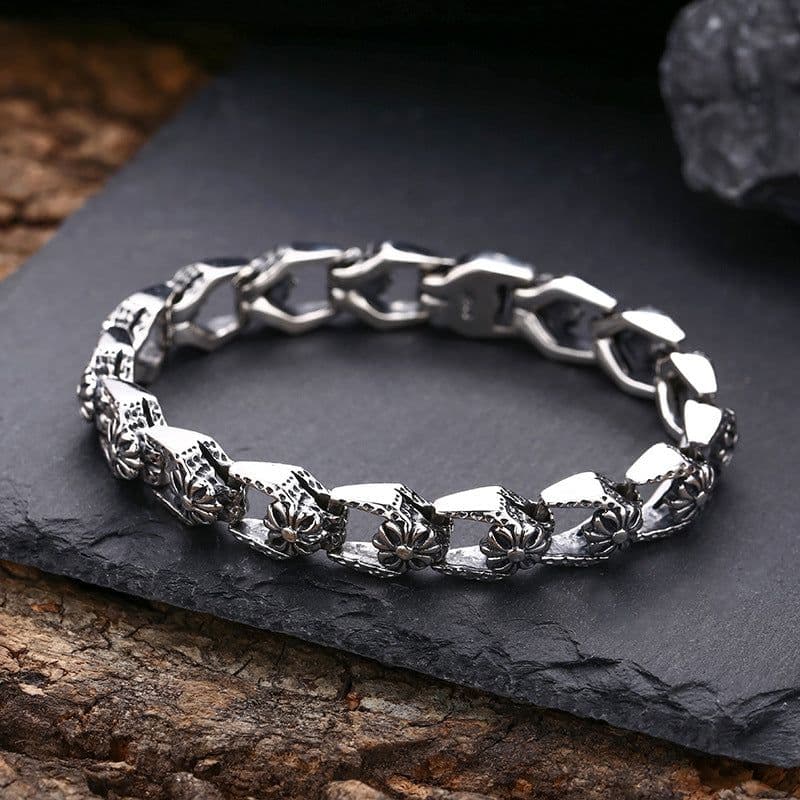 image-925 Sterling Silver Cross Flower Bracelet - Unisex Retro Style