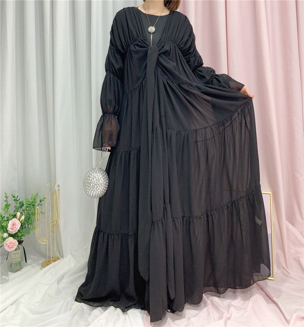 image-Loriya Belted Puff Sleeve Cardigan - Black Long Pleated