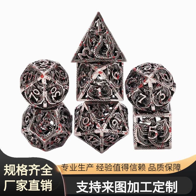 image-Metal D20 Dice - Hollow Dragon Design Green w/ Red Numbers