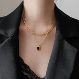 image-Double-layer stacked black square brand necklace women's autumn and winter advanced design collarbone chain niche light luxury titanium steel sweater chain