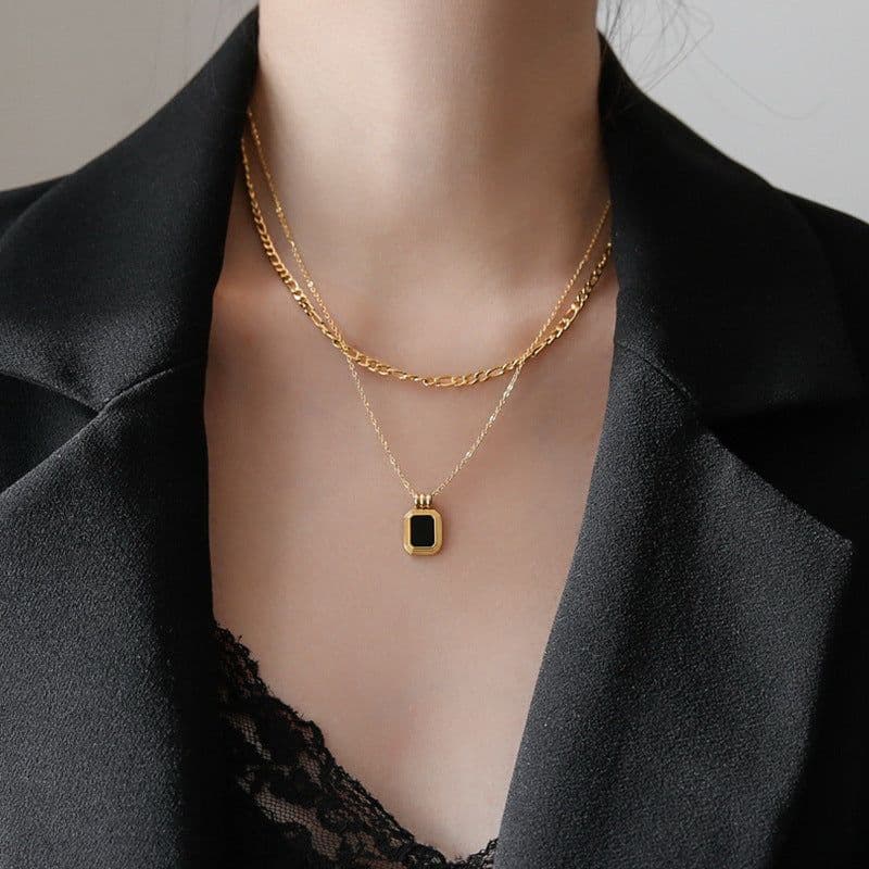 image-Double-layer stacked black square brand necklace women's autumn and winter advanced design collarbone chain niche light luxury titanium steel sweater chain