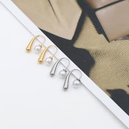 image-Geometric Pearl Drop Earrings - Steel 18K Gold Plated