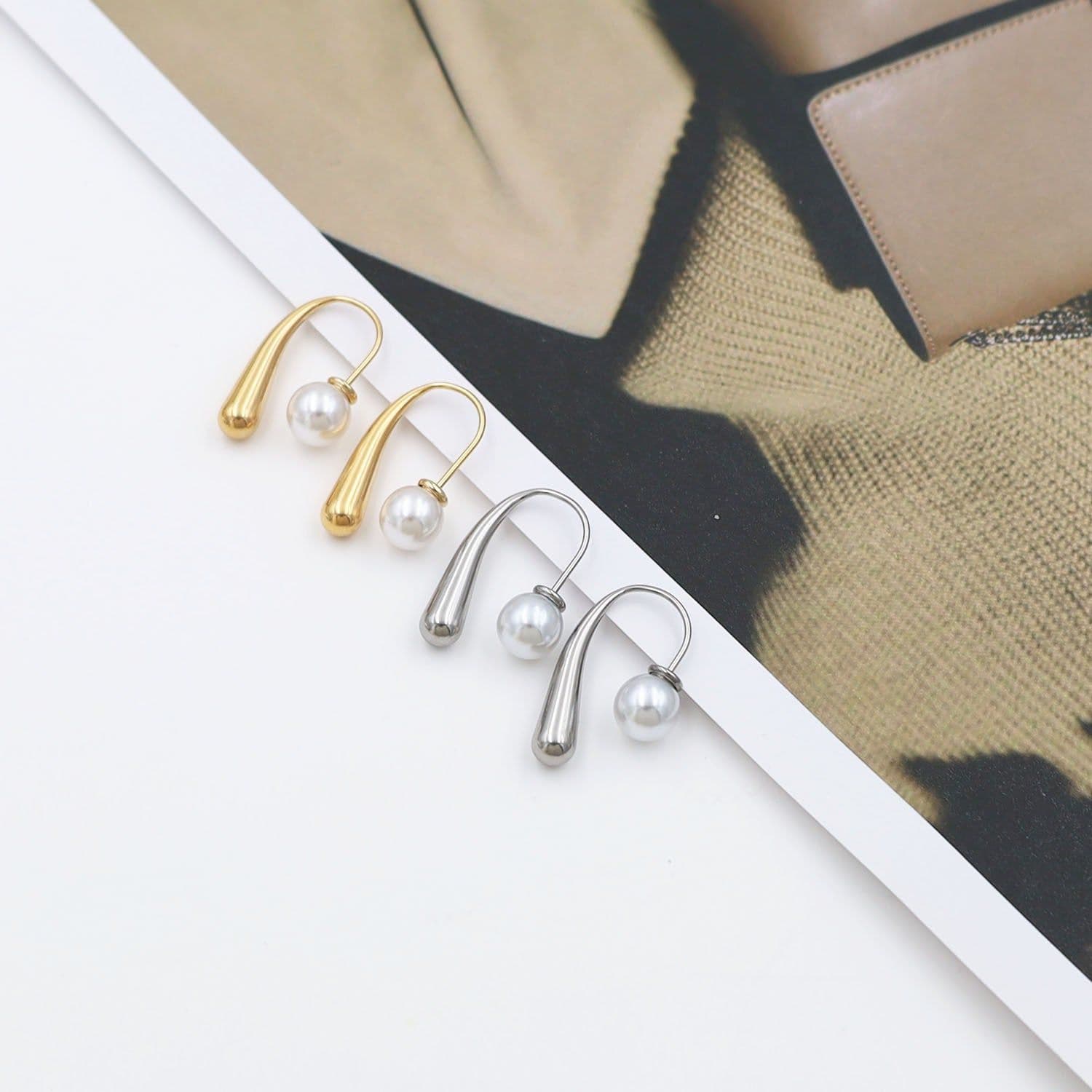 image-Geometric Pearl Drop Earrings - Steel 18K Gold Plated