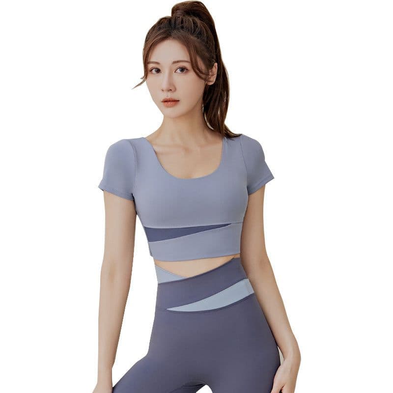 image-Summer new one-piece fixed chest pad sports top yoga pants suit fitness short-sleeved beauty back two-piece set for women