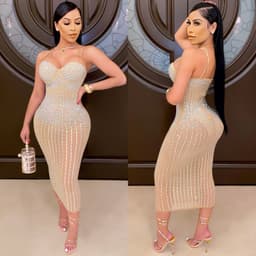 image-Women's Mesh Dress - Diamond Embellished U-Neck Midi